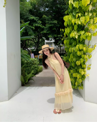 Charming Lightweight Summer Tassel Hem Maxi Dress Gorgeous Flowy Coastal Shoots Cross-Front Halter Long Dress AP1375