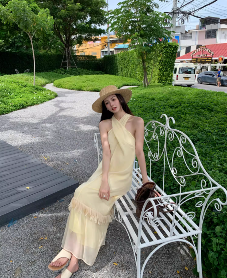 Charming Lightweight Summer Tassel Hem Maxi Dress Gorgeous Flowy Coastal Shoots Cross-Front Halter Long Dress AP1375