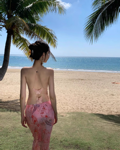 Fantastic Soft Lightweight Pink Maxi Dress Coastal Shoots Chic Sheath Floral Print V-Neck Halter Long Dress AP1377