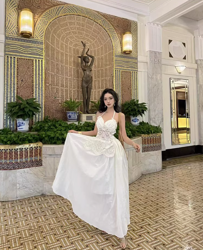 Graceful Sweetheart Neck Lightweight Maxi Dress Niche Cinched-Waist Hollow-Out Lace Flowy Halter Long Dress AP1378