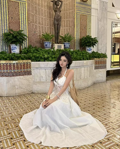 Graceful Sweetheart Neck Lightweight Maxi Dress Niche Cinched-Waist Hollow-Out Lace Flowy Halter Long Dress AP1378