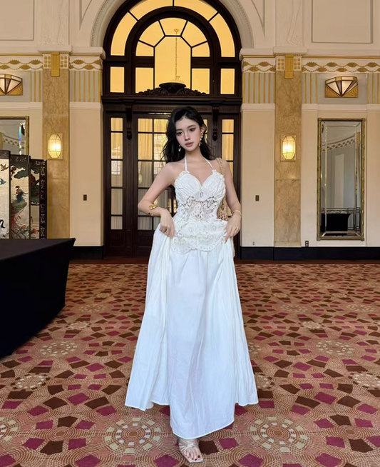 Graceful Sweetheart Neck Lightweight Maxi Dress Niche Cinched-Waist Hollow-Out Lace Flowy Halter Long Dress AP1378