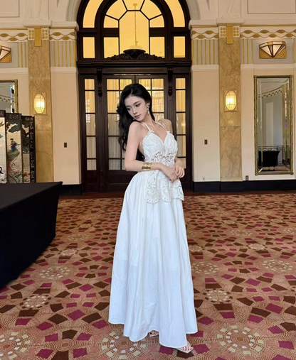 Graceful Sweetheart Neck Lightweight Maxi Dress Niche Cinched-Waist Hollow-Out Lace Flowy Halter Long Dress AP1378