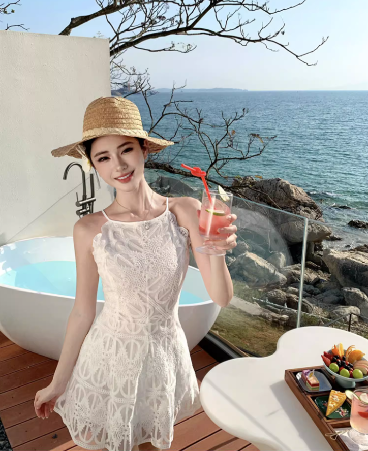 Summer Coastal Getaways Hollow-Out Tulle Overlay Mini Skirt Elegant Double Layers A-Line Halter Short Dress AP1379