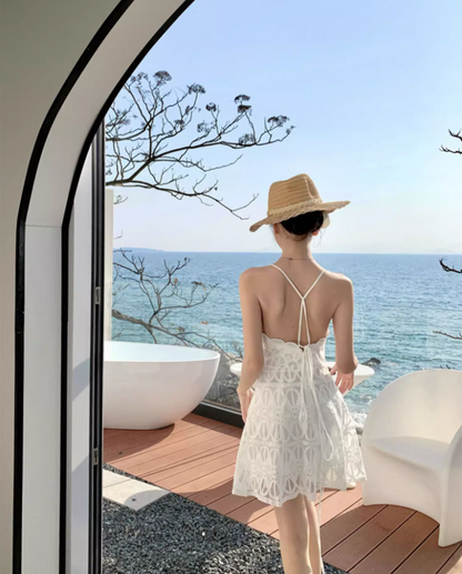 Summer Coastal Getaways Hollow-Out Tulle Overlay Mini Skirt Elegant Double Layers A-Line Halter Short Dress AP1379