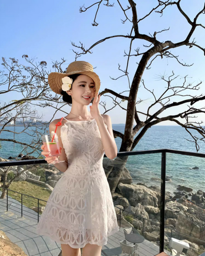 Summer Coastal Getaways Hollow-Out Tulle Overlay Mini Skirt Elegant Double Layers A-Line Halter Short Dress AP1379