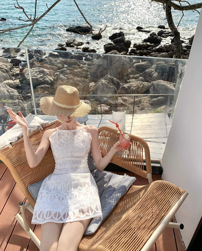 Summer Coastal Getaways Hollow-Out Tulle Overlay Mini Skirt Elegant Double Layers A-Line Halter Short Dress AP1379