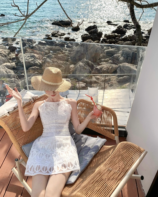 Summer Coastal Getaways Hollow-Out Tulle Overlay Mini Skirt Elegant Double Layers A-Line Halter Short Dress AP1379