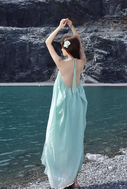 Ethereal Lightweight Ruffles Hem Maxi Dress Niche Flowy Asymmetric Hem Backless Halter Long Dress AP1380