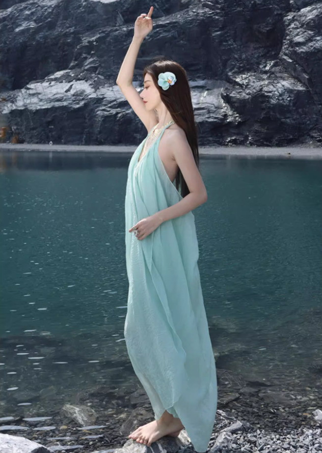 Ethereal Lightweight Ruffles Hem Maxi Dress Niche Flowy Asymmetric Hem Backless Halter Long Dress AP1380