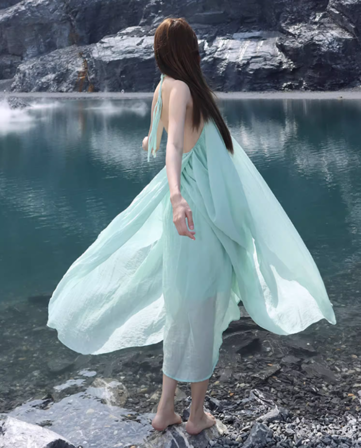 Ethereal Lightweight Ruffles Hem Maxi Dress Niche Flowy Asymmetric Hem Backless Halter Long Dress AP1380