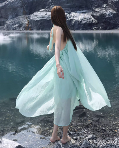 Ethereal Lightweight Ruffles Hem Maxi Dress Niche Flowy Asymmetric Hem Backless Halter Long Dress AP1380