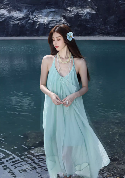 Ethereal Lightweight Ruffles Hem Maxi Dress Niche Flowy Asymmetric Hem Backless Halter Long Dress AP1380