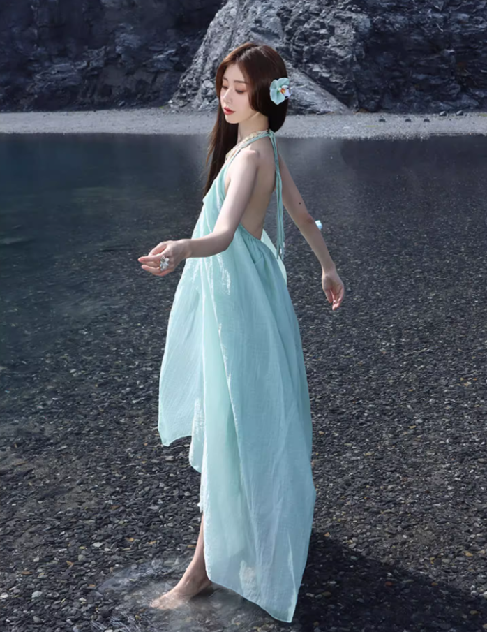 Ethereal Lightweight Ruffles Hem Maxi Dress Niche Flowy Asymmetric Hem Backless Halter Long Dress AP1380