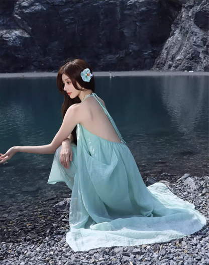 Ethereal Lightweight Ruffles Hem Maxi Dress Niche Flowy Asymmetric Hem Backless Halter Long Dress AP1380