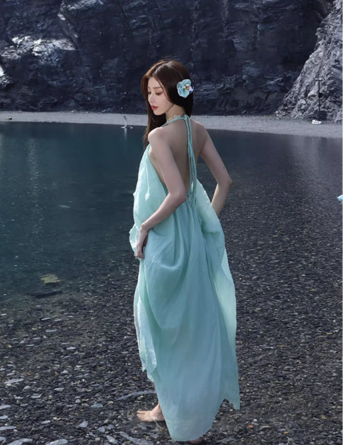 Ethereal Lightweight Ruffles Hem Maxi Dress Niche Flowy Asymmetric Hem Backless Halter Long Dress AP1380