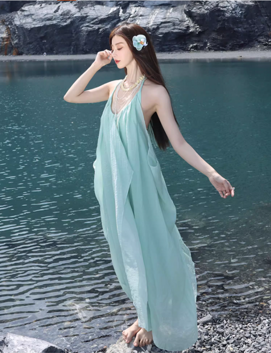 Ethereal Lightweight Ruffles Hem Maxi Dress Niche Flowy Asymmetric Hem Backless Halter Long Dress AP1380