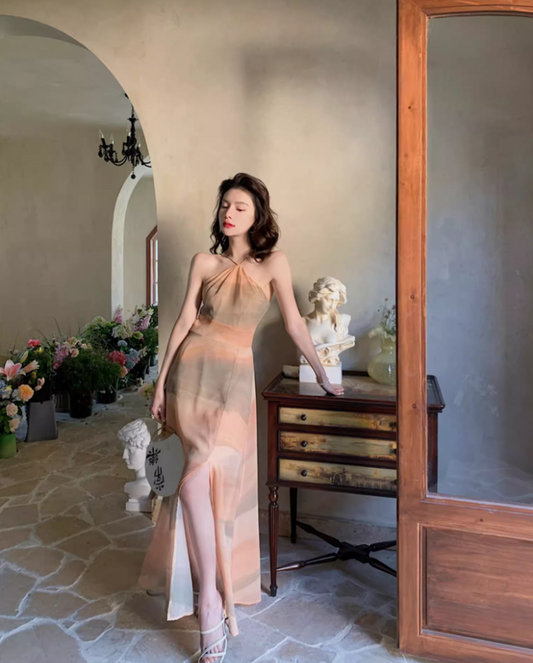 Stylish Lightweight Gradient Tones Maxi Dress Chic Side Slit Flowy Halter Long Dress AP1381