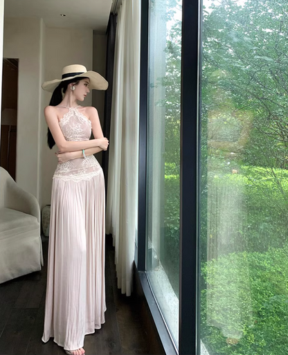 Graceful Applique Lace Trimmed Maxi Dress Chic Adjustable Spaghetti Strap Natural Pleat Long Dress AP1382