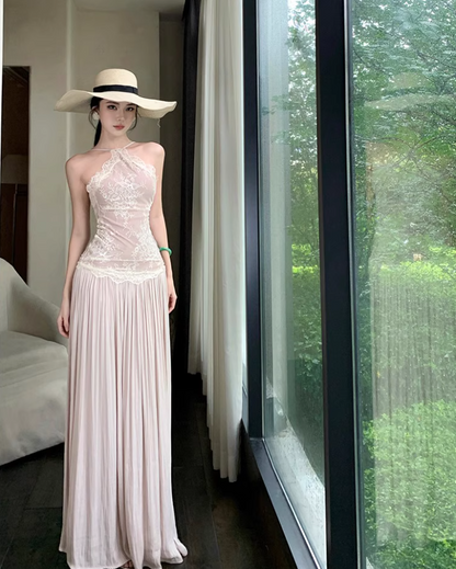 Graceful Applique Lace Trimmed Maxi Dress Chic Adjustable Spaghetti Strap Natural Pleat Long Dress AP1382