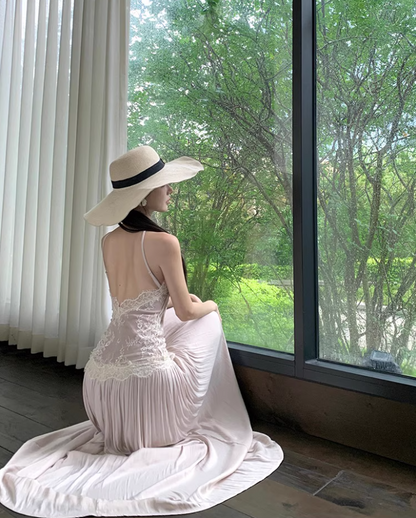 Graceful Applique Lace Trimmed Maxi Dress Chic Adjustable Spaghetti Strap Natural Pleat Long Dress AP1382