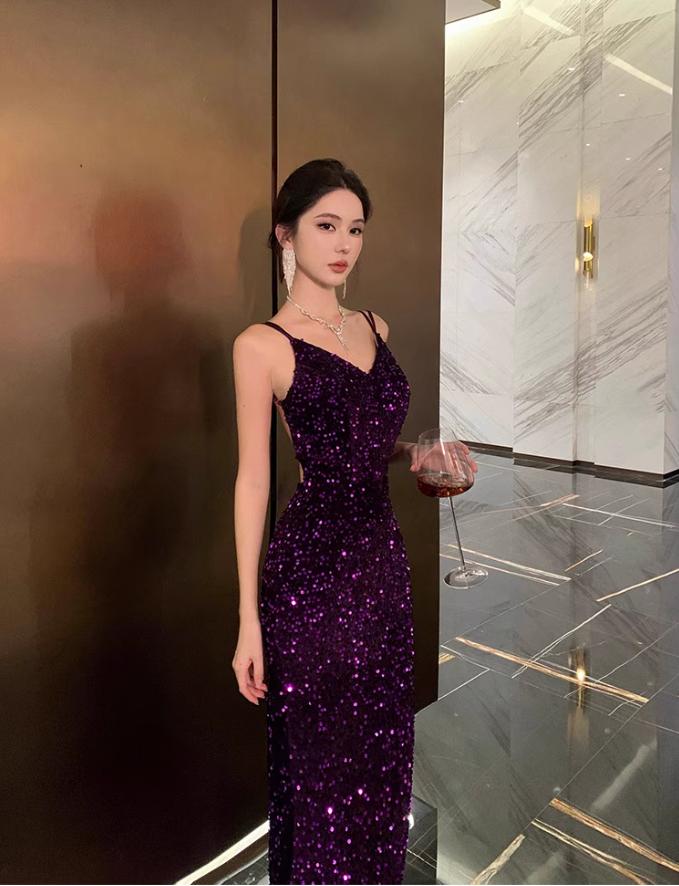 Alluring Glittering Sequins Overlay Maxi Dress Charming Sheath Feast Mermaid Long Dress AP1383