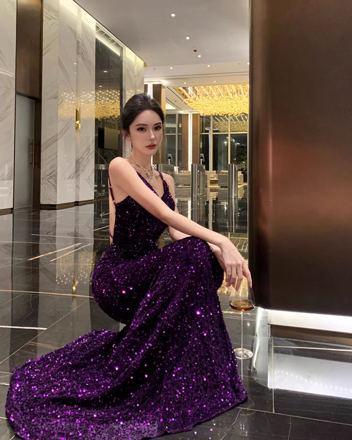 Alluring Glittering Sequins Overlay Maxi Dress Charming Sheath Feast Mermaid Long Dress AP1383