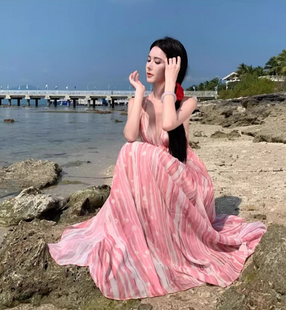 Boho-Inspired Pink Striped Floral Print Maxi Dress Alluring Lightweight V-Neck Tie-Back Long Dress AP1384