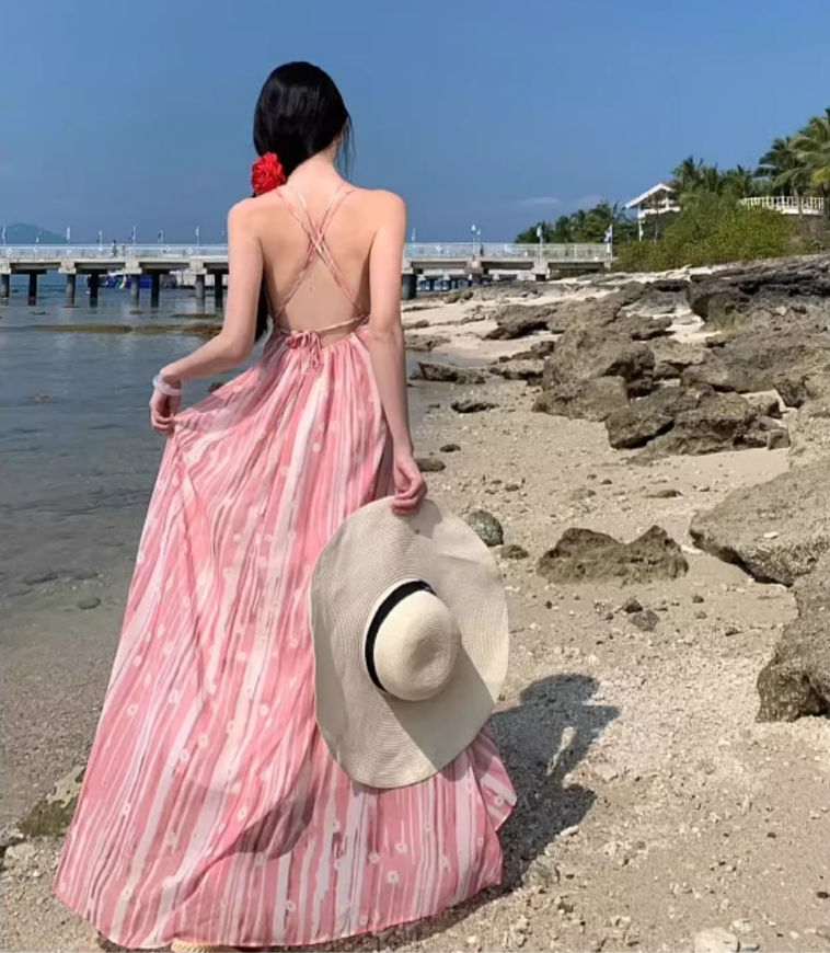 Boho-Inspired Pink Striped Floral Print Maxi Dress Alluring Lightweight V-Neck Tie-Back Long Dress AP1384