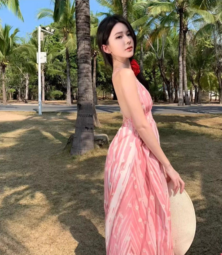 Boho-Inspired Pink Striped Floral Print Maxi Dress Alluring Lightweight V-Neck Tie-Back Long Dress AP1384