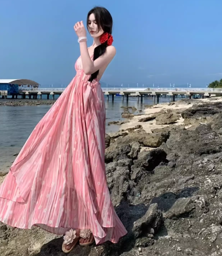 Boho-Inspired Pink Striped Floral Print Maxi Dress Alluring Lightweight V-Neck Tie-Back Long Dress AP1384