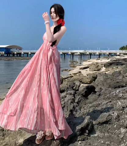 Boho-Inspired Pink Striped Floral Print Maxi Dress Alluring Lightweight V-Neck Tie-Back Long Dress AP1384