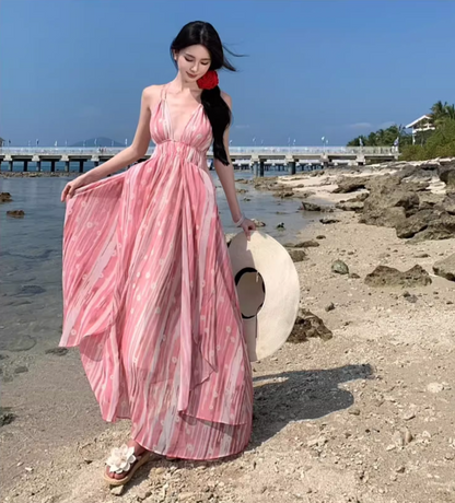 Boho-Inspired Pink Striped Floral Print Maxi Dress Alluring Lightweight V-Neck Tie-Back Long Dress AP1384