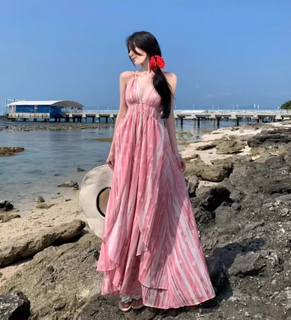 Boho-Inspired Pink Striped Floral Print Maxi Dress Alluring Lightweight V-Neck Tie-Back Long Dress AP1384