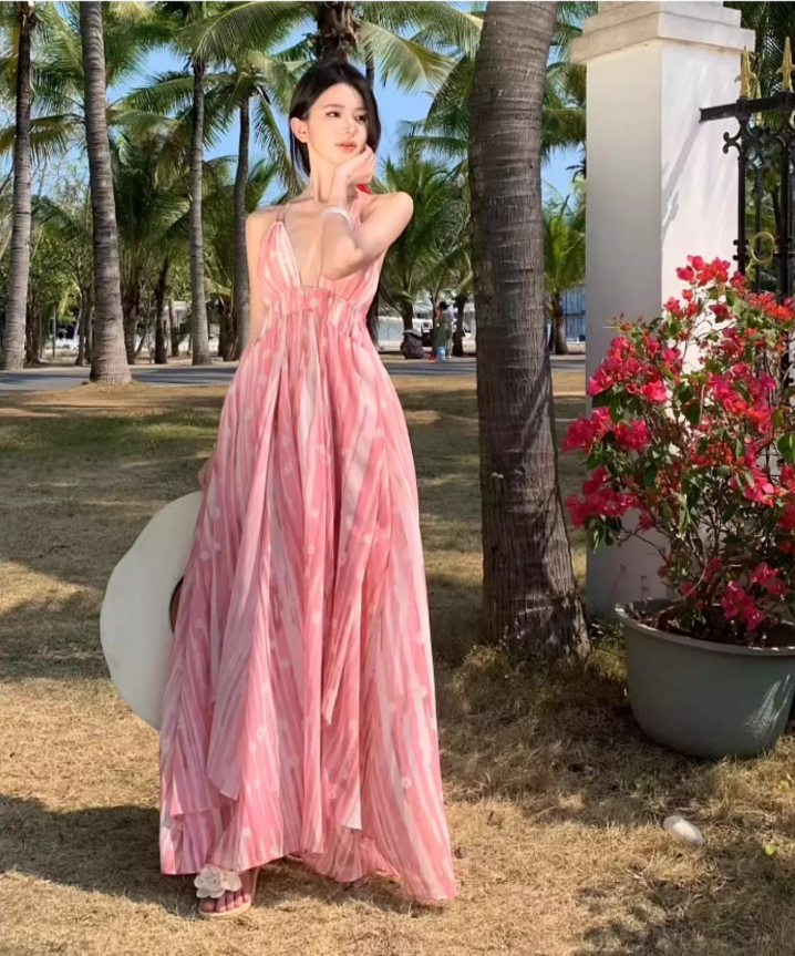 Boho-Inspired Pink Striped Floral Print Maxi Dress Alluring Lightweight V-Neck Tie-Back Long Dress AP1384