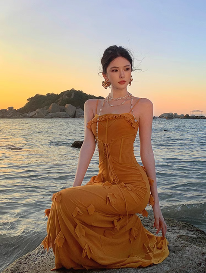 French Style Mustard Yellow Petal Detail Maxi Dress Alluring Mermaid Cinched-Waist Long Dress AP1385