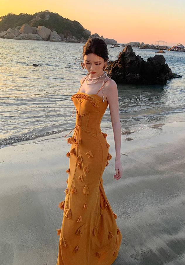 French Style Mustard Yellow Petal Detail Maxi Dress Alluring Mermaid Cinched-Waist Long Dress AP1385