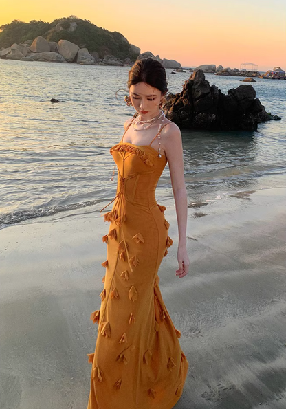 French Style Mustard Yellow Petal Detail Maxi Dress Alluring Mermaid Cinched-Waist Long Dress AP1385