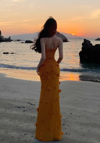 French Style Mustard Yellow Petal Detail Maxi Dress Alluring Mermaid Cinched-Waist Long Dress AP1385