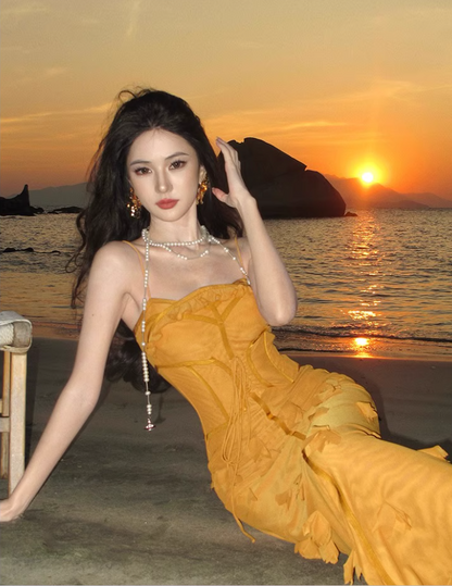 French Style Mustard Yellow Petal Detail Maxi Dress Alluring Mermaid Cinched-Waist Long Dress AP1385