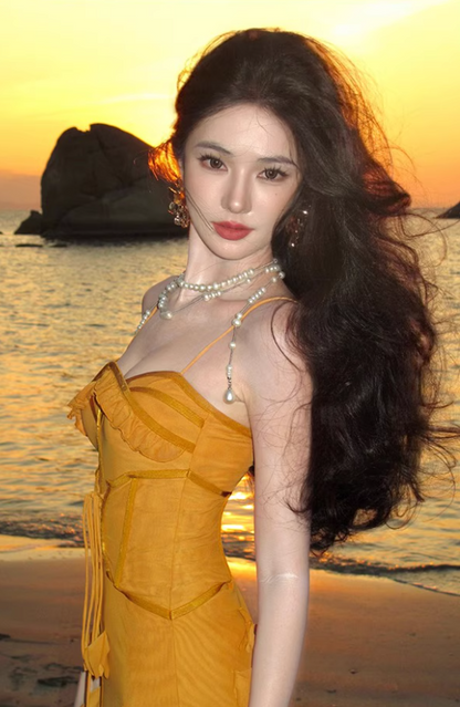 French Style Mustard Yellow Petal Detail Maxi Dress Alluring Mermaid Cinched-Waist Long Dress AP1385