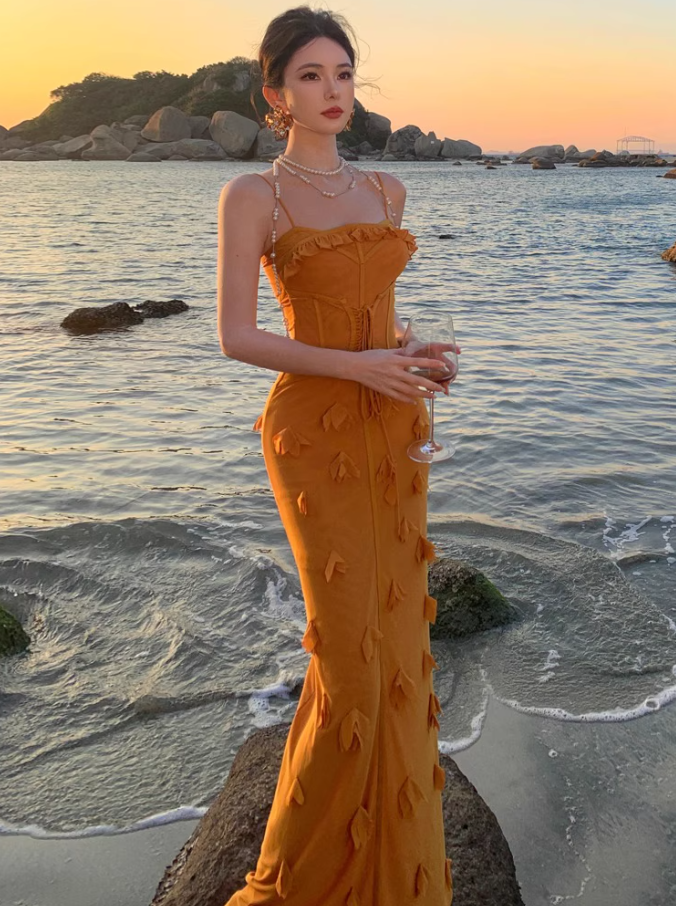 French Style Mustard Yellow Petal Detail Maxi Dress Alluring Mermaid Cinched-Waist Long Dress AP1385