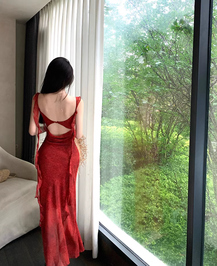 Sexy Ruffles Trimmed Casual Vacays Maxi Dress  Alluring Mermaid Square Neck Sleeveless Long Dress AP1386