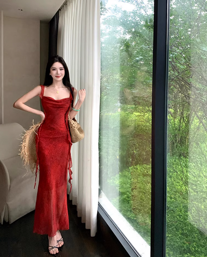 Sexy Ruffles Trimmed Casual Vacays Maxi Dress  Alluring Mermaid Square Neck Sleeveless Long Dress AP1386