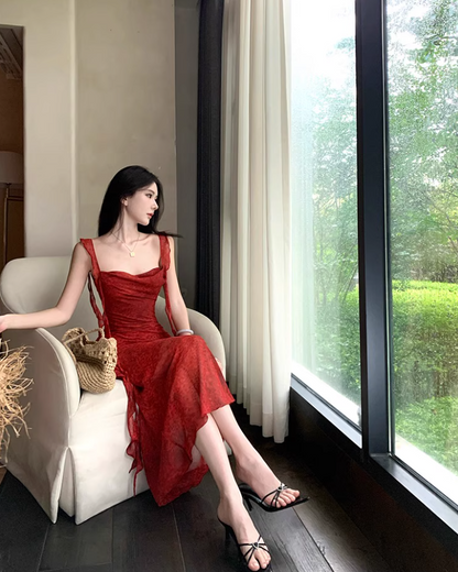 Sexy Ruffles Trimmed Casual Vacays Maxi Dress  Alluring Mermaid Square Neck Sleeveless Long Dress AP1386