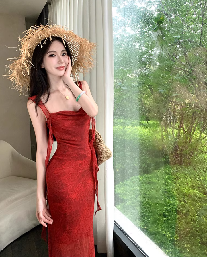 Sexy Ruffles Trimmed Casual Vacays Maxi Dress  Alluring Mermaid Square Neck Sleeveless Long Dress AP1386