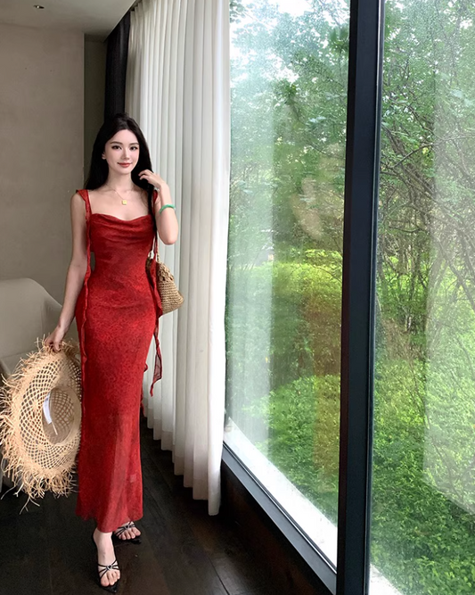 Sexy Ruffles Trimmed Casual Vacays Maxi Dress  Alluring Mermaid Square Neck Sleeveless Long Dress AP1386