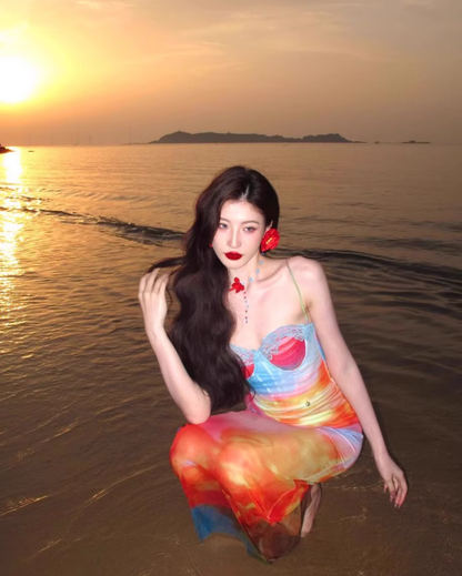 Dopamine Brightening Mesh Overlay Maxi Dress Chic Tie-Dye Ombre Coastal Shoots Mermaid Long Dress AP1387