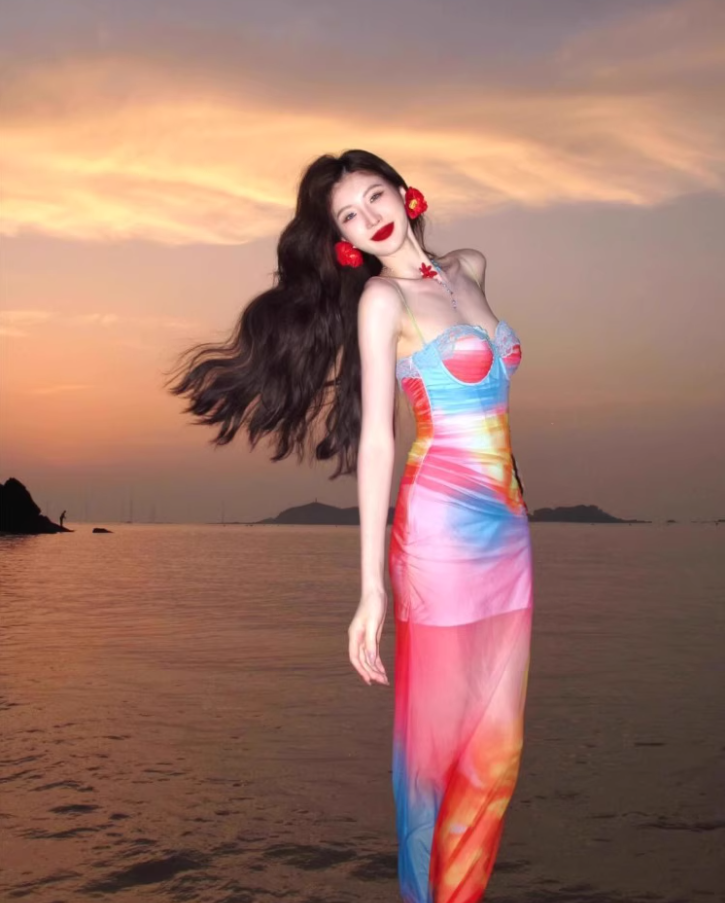 Dopamine Brightening Mesh Overlay Maxi Dress Chic Tie-Dye Ombre Coastal Shoots Mermaid Long Dress AP1387