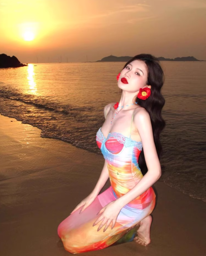 Dopamine Brightening Mesh Overlay Maxi Dress Chic Tie-Dye Ombre Coastal Shoots Mermaid Long Dress AP1387